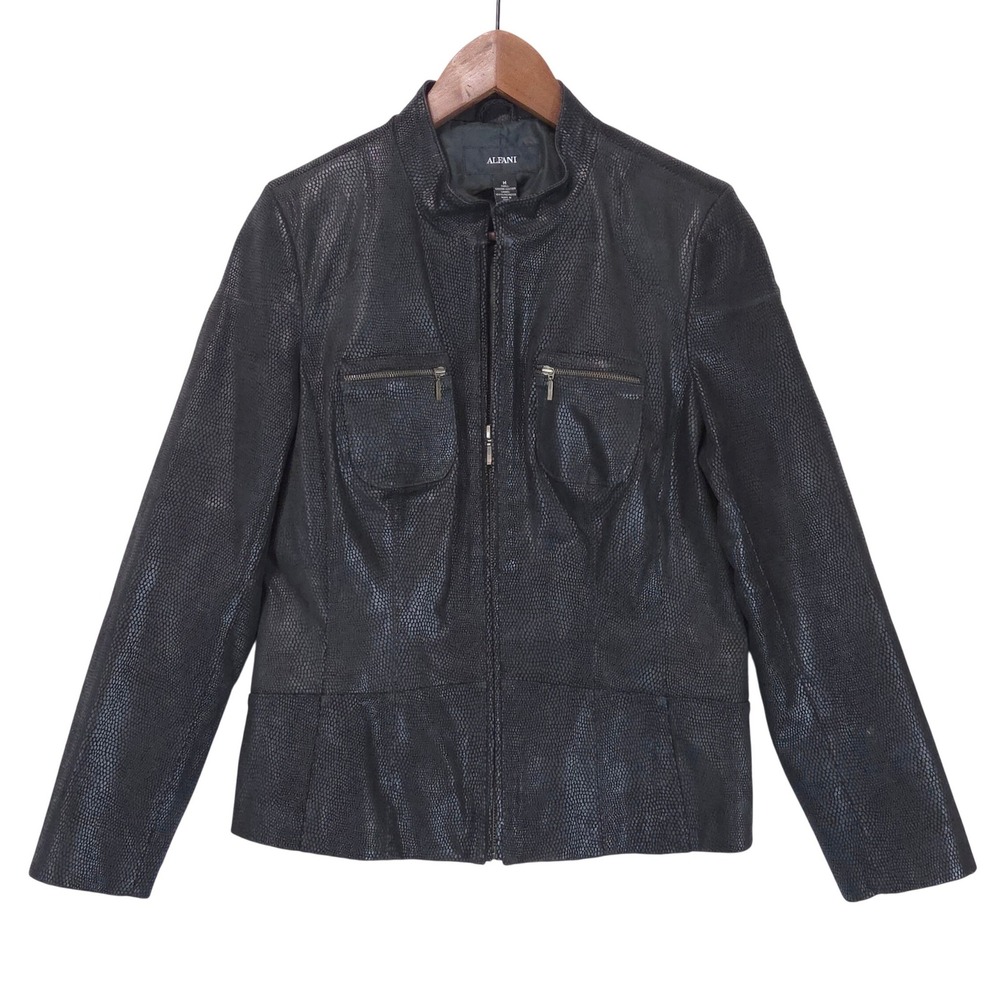 Alfani Snakeskin Embossed Genuine Leather Moto Jacket Womens M Black Biker Goth